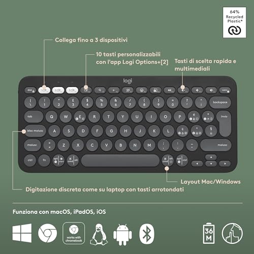 Pebble Keys 2 K380s, Tastiera Bluetooth Multidispositivo con Tasti di Scelta Rapida Personalizzabili, Sottile e Portatile, Easy-Switch per Windows, macOS, iPadOS, Android, ITA QWERTY, Grafite - Tastiera gaming - Immagine 6