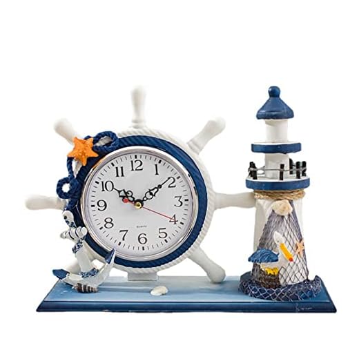 Nautical Steering Wheel Desk Clock - Mediterranean Style Wooden Boat Anchor Lighthouse Mantle Beach Decor for Kid's Bedroom Living Room Bedside Home Decoration in Sea Ocean Theme Silent Time Clocks