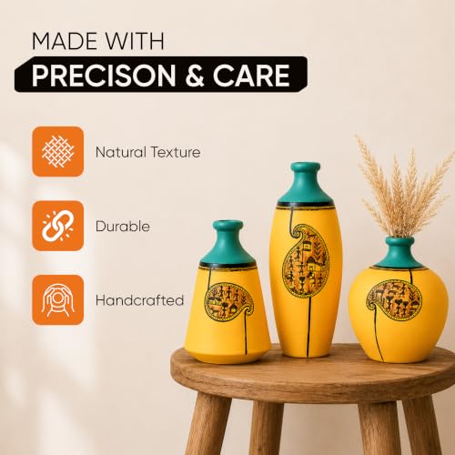 Image of Aakriti Art Creations Terracotta Vases Set of 3 | Handmade Yellow Warli Art Flower Vases Matte Finish Decorative Vases for Artificial Plants Home Decor & Gifting