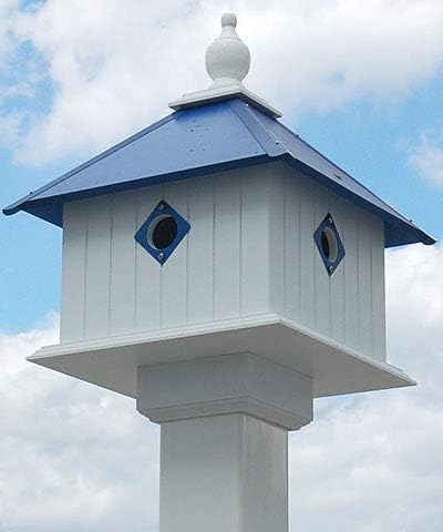 Wing & A Prayer Carriage Bird House with Cobalt Blue Roof, White PVC 4-Compartment Condo Birdhouse with 1.5 Inch Predator Guarded Entries, Mounts on 4x4 Post, Made in USA