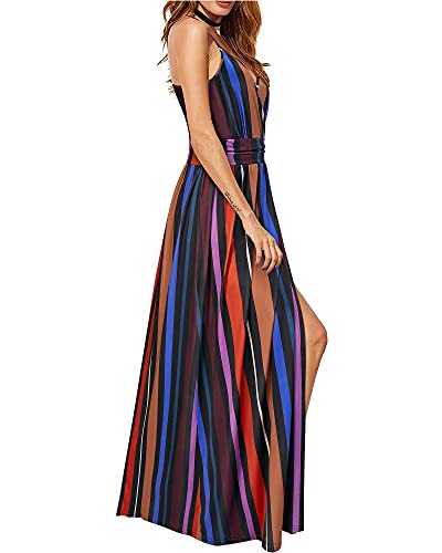 Image of Newshows Women's Summer 2026 Dress V Neck Spaghetti Strap Dress Boho Behemian Casual Floral Split Long Maxi Trendy Mexican Sundress (Stripe Floral Black, Large)