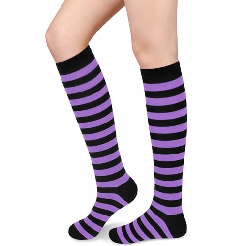 Sarfel Purple and Black Striped Socks Women Striped Knee High Socks Womens Halloween Sock Woman Witch Sock Witch Accessorie