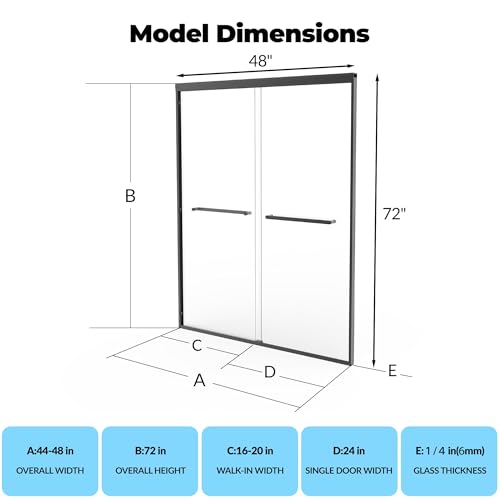 Image of 44 inch-48 inchW x 72 inchh Double Sliding Shower Door - Semi-Frameless Bypass Bathroom Door with 1 /4 inch Tempered Glass,Matte Black Finish for Walk-in Shower