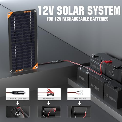 SUNAPEX 10W 12V Solar Panel Battery Charger Maintainer, Portable Waterproof Solar Trickle Charger with Built-in Charge Controller, Cig Plug, Alligator Clips, O-Rings for Car, Truck,Tractor, Boat, etc