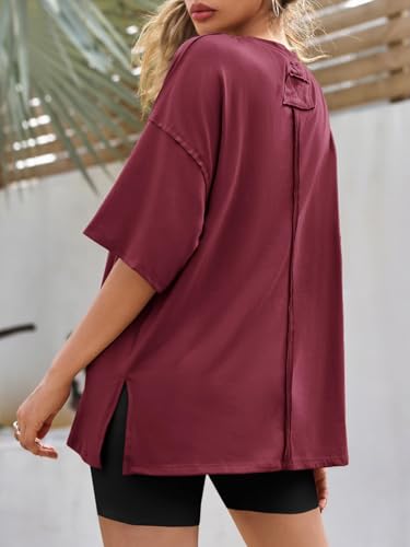 Image of Tankaneo Womens Oversized Tshirts Summer Casual Short Sleeve Crew Neck T Shirt Loose Fit Side Slit Tee Tops