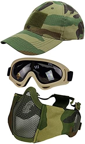 Hodeacc 3 Pcs Tactical Airsoft Mask Goggles Baseball Cap Set,Adjustable Half Face Mesh Mask with Ear Protection,Anti UV Airsoft Glasses Eye Protection Outdoor Hat for Outdoor Airsoft/BB/ CS Game