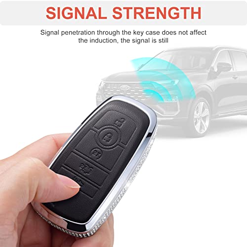 RUABIBAN Compatible with Ford Key Fob Cover with Keychain, Black Genuine Leather Crystal Key Case Protection Shell for Ford Fusion F150 F250 F350 F450 F550 Edge Explorer Smart Remote Key by RUABIBAN - Image 3