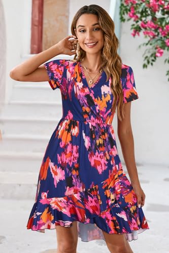 Image of ULTRANICE Womens Summer Dresses Floral V Neck Ruffled Hem Spaghetti Spring Casual Beach Outfits Flowy Wrap Sun Dress