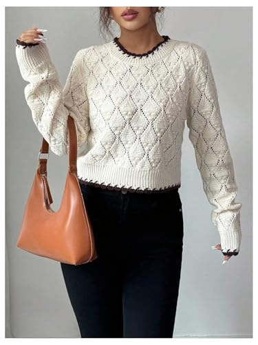 Women's Hollow Out Crochet Cropped Sweater Lightweight Long Sleeve Crew Neck Knitwear Top Fall Outfits4
