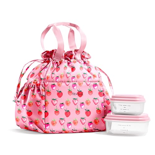 Fit & Fresh Cromwell Drawstring Lunch Bag for Women, Complete Lunch Set with 2 Containers, Stain-Resistant, Leak-Resistant, Back to School Essential, Teacher Lunchbox, Pink Strawberries