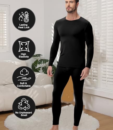 wirarpa Men's Thermal Underwear Set Fleece Lined Base Layer Long Sleeve Top & Bottom for Winter Warmth Black Size L - Image 4