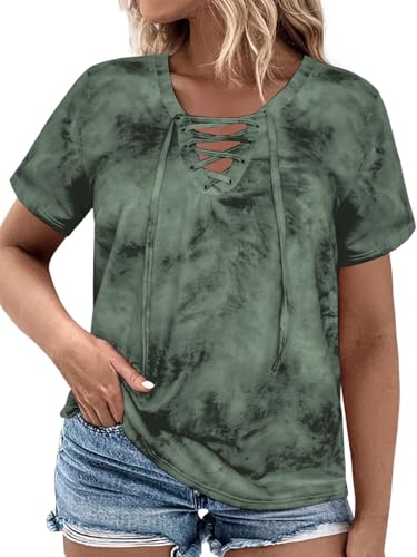 VISLILY Womens-Plus-Size-Summer-Tops Casual Lace Up Front T Shirts Tie Dye V Neck Tees Trendy Short Sleeve Tunics XL-5XL
