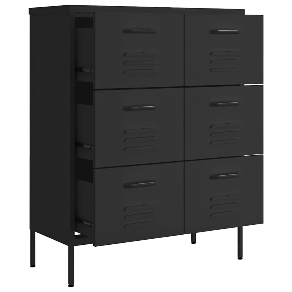 Cassettiera nera, 80 x 35 x 101,5 cm, in acciaio, con 6 cassetti, per ufficio, soggiorno, corridoio o cantina, chiudibile, stabile scaffale multiuso