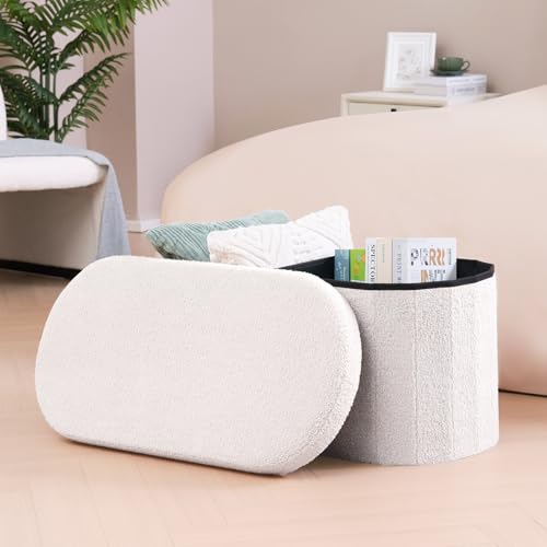 Image of B FSOBEIIALEO Ottoman with Storage for Living Room, Sherpa Folding Storage Ottoman Foot Rest, 30 Inches Collapsible Bedroom Bench White Cream