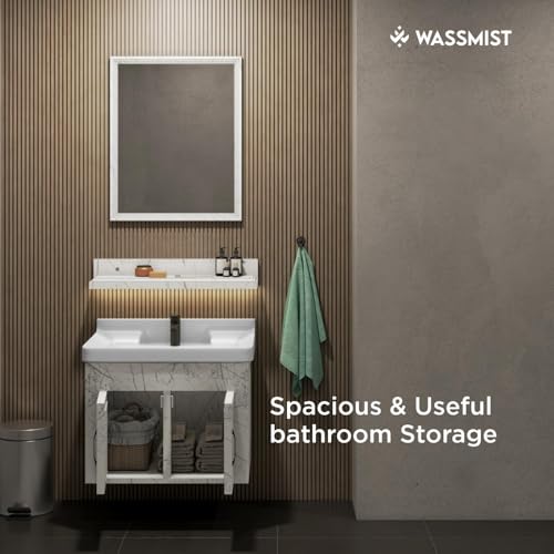 Image of WASSMIST Bathroom Vanity Washbasin Cabinet with Mirror & Shelf | Wall Mounted Wash Basin with Cabinet Full Set | Waterproof & Unbreakable (Cream)