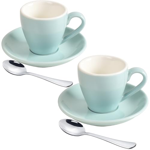 ionEgg Espressotasse aus Porzellan mit Untertasse und Mini-Löffeln aus Edelstahl, Espresso-Schnapsbecher, 80 ml, 2 Stück, Blau