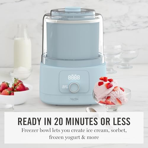 Martha Stewart Ice Cream Maker, 2 Quart Double-Insulated Freezer Bowl, Sorbet & Frozen Yogurt, Ready in 20 Minutes, Mix-Ins Chute, Easy to Clean, Sky Blue
