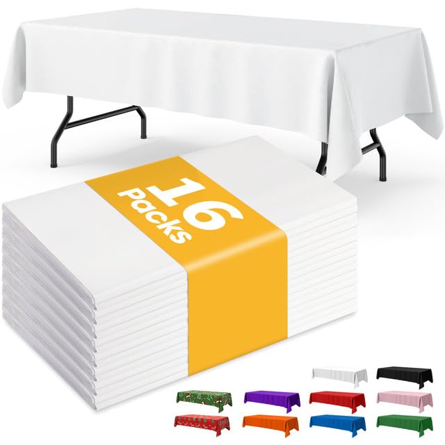 Niuara White Plastic Table Cloth - 16 Pack 54" × 108" Rectangle Disposable Tablecloths for 6FT Tables, Waterproof Table Cover for Party, Holiday &