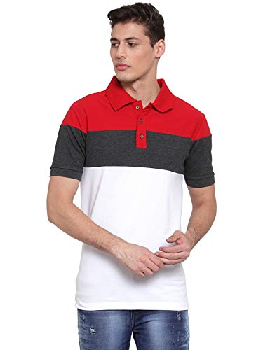 Image of Kalt Men's Half Sleeves Multicolour Polo Neck Cotton Blend T-Shirt(White::Dark Grey::Red)