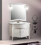 Le meuble complet comprend la base en bois massif couleur blanc patiné, le lavabo en porcelaine, miroir en bois massif couleur blanc patiné, 2 applique murale en laiton vieilli avec verre Scavo.