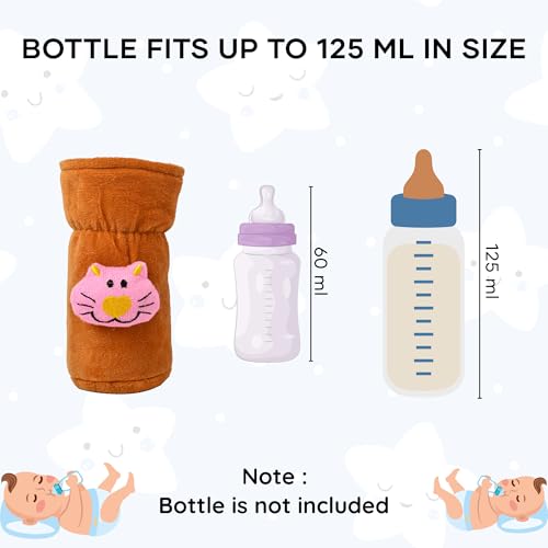 Image of Soft Plush Stretchable Baby Feeding Bottle Cover Easy to Hold Strap with Cute Animated Cartoon| Suitable for 60-125 Ml Feeding Bottle (Brown-Peach)