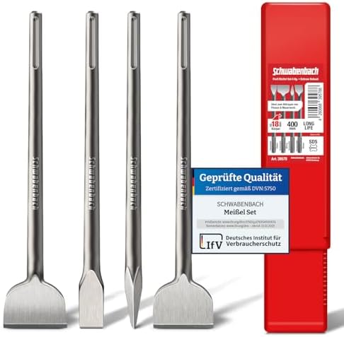 SCHWABENBACH® SDS Max Meißel Set 400mm 4tlg. - SDS Plus Fliesenmeißel | Fliesenmeißel 50 mm Abgewinkelt + Flachmeißel 25mm + 50mm + Spitzmeißel | Meissel Kompatibel mit Bosch Hilti