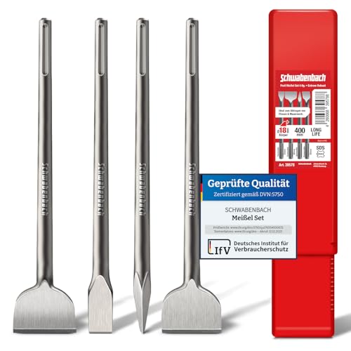 SCHWABENBACH® SDS Max Meißel Set 400mm - 4tlg. 25mm + 50mm + 50mm (Abgewinkelt) + Spitzmeißel -...