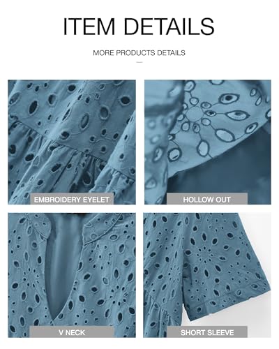 Image of BTFBM Womens Boho Summer Dresses 2026 Spring V Neck Short Sleeve Hollow Out Lace Ruffle Casual Beach Mini Vacation Dress