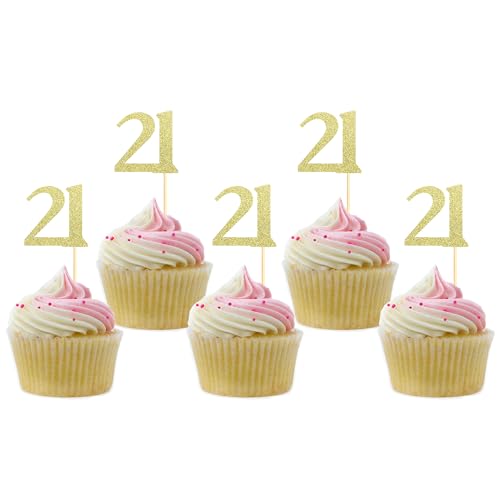 Sotpot 30 Pack Gold Glitter 21st Birthday Cupcake Toppers, Cheers to 21 Years Cupcake Picks for 21st Birthday and Anniversary Party Decorations