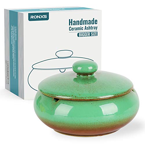 RONXS Ashtray, Outdoor Ash Tray for Patio with Lid, Windproof Ashtrays for Cigarettes, Handmade Ceramic Ashtray for Home Office Indoor Decoration (Green)