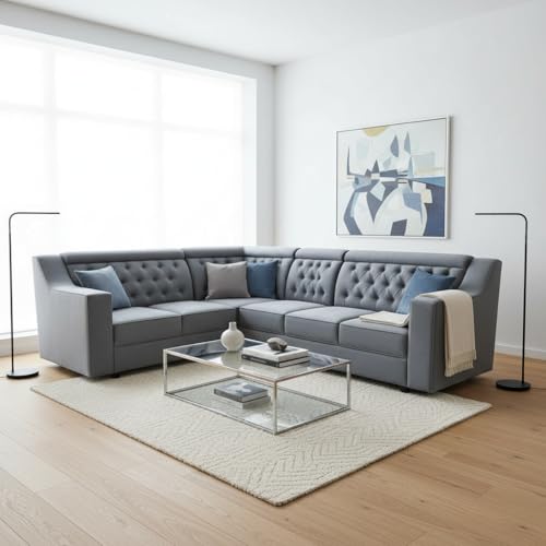 Image of APRODZ Wooden Sofa Set 6 Seater for Living Room, Solid Wood L Shape Sectional Sofa with Velvet Fabric Upholstery, Cushioned Seating for Home, Office & Lounge, Grey