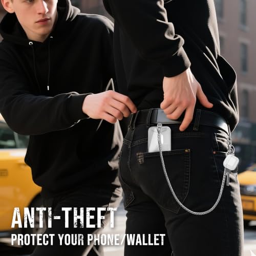 Image of ROCONTRIP Anti-Theft Phone Lanyard Tether & Pants Chain Heavy-Duty Phone Strap With Metal Tether Tab Detachable Anti-Drop Lanyard for iPhone,Wallet,Key Great for Outdoor Hiking Cycling(Bright Silver)