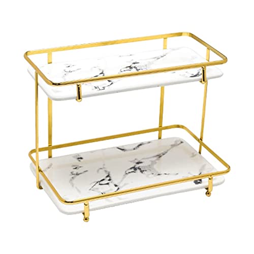 Soporte rectangular para postres, bandeja para postres de mármol con marco de metal dorado, bandeja moderna para cocina, fiestas de cumpleaños, baño, frutas (blanco, 32 x 23 cm)