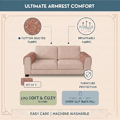 Image of STITCHNEST 'Frostvine Collection' Sofa Armrest Cover | Cotton Quilted Fabric, Washable & Durable for Modern Living (18 x 22 Inches)