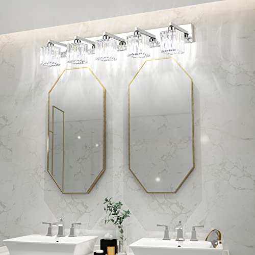 Image of Aipsun Bathroom Light Fixtures Modern Vanity Light for Bathroom Crystal Chrome Vanity Light 5 Light (Exclude Bulb)