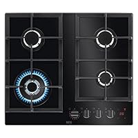 AEG HKB64450NB FlameLight Gas Hob, 4 Burners, 59cm, Gas-on-Glass Cooktop, Hob2Hood, StepPower Controls, LED Indicators, Cast Iron Pan Support, 4 Cooking Zones, Black