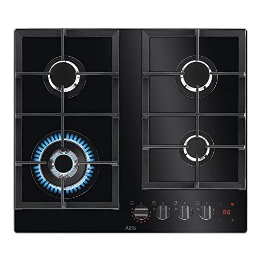 AEG HKB64450NB FlameLight Gas Hob, 4 Burners, 59cm, Gas-on-Glass Cooktop, Hob2Hood, StepPower Controls, LED Indicators, Cast Iron Pan Support, 4 Cooking Zones, Black