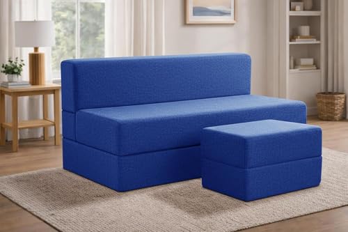Image of Rosebell Foldable Sofa-Cum-Bed with Ottoman | 3-in-One Foldable Sofa, Lounger & Bed-5x6 Feet Three Seater- Perfect for Home & Office -Blue-Color