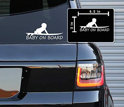 Image of Printbeat Baby On Board Surf Funny Vinyl Decals Stickers for Cars, Van, Trucks, Laptop (White, 6.5" x 3")