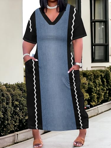 Image of SUZONANA Plus Size Denim Print Maxi Dresses for Women Casual V Neck Short Sleeve with Pockets Soft Jean Look Dress XL-6XL