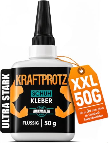 Schuhkleber extra stark flüssig 50 g XXL Sekundenkleber wasserfest transparent & hitzebeständig Anti-Austrocknungs-Spitze KRAFTPROTZ Superkleber für Schuhe Sohlen Leder Gummi & Sneaker