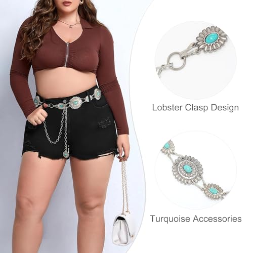 Image of WHIPPY Women Concho Chain Belt Metal Link Western Cowgirl Turquoise Chain Belt for Dress