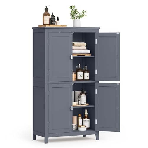 VASAGLE Floor Storage Cabinet, Freestanding Storage Unit with 4 Doors, Adjustable Shelves, 11.8 x 23.6 x 43.3 Inches, for Entryway, Bathroom, Slate Gray UBBC552G01 Slate Gray 4 Doors
