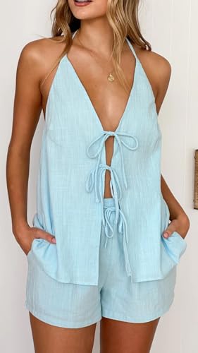 Image of ROAONOCOMO Women Tie Front Shorts Set V Neck Halter Cami Top Y2K 2 Piece Pj Set Graphic Summer Beach Lounge Outfit
