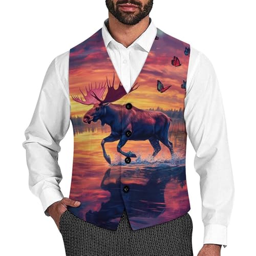 Running Moose And Butterfy Suit Vest for Men Slim Fit Sleeveless Jacket V Neck Business Waistcoat Button Up Dressy Top