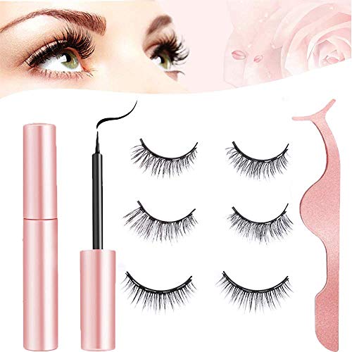 Magnetic Eyelashes with Eyeliner kit, 3 Pairs Magnetic Eyelashes - 3D Reusable Eyelashes Natural Look and Water Resistant, Magnetic Eyeliner and Lashes with Applicator - no Glue Needed