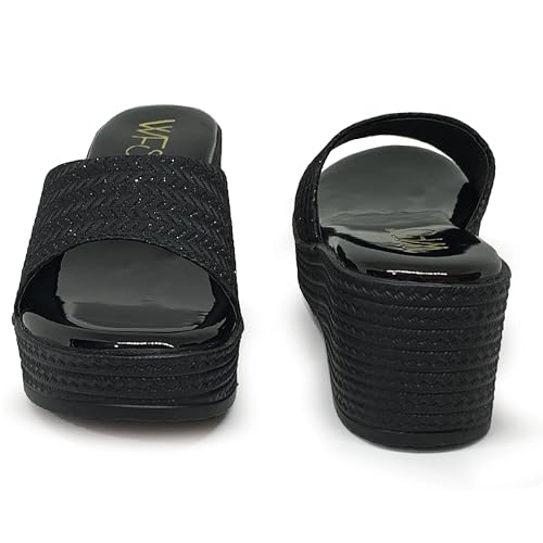 Image of WFS Women's Black 2.5 Inch Wedge Heel Slip-On Fashion Sandals - Shimmer Finish