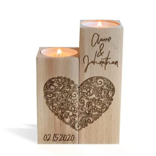 Personalisierter Kerzenhalter aus Holz, Graviertes Herz, Set 2 Teelichthalter mit Namen und Datum, Wunschnamen, Namensgravur Kerzenleuchter, Liebe, Partner Geschenke für Hochzeit Valentinstag