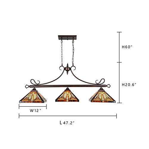 Capulina Tiffany Pool Table Lights 3-Light X12 Inches Wide Amber Brown Antique Style Stained Glass Pendant Light Decor for Dining Room Kitchen Island Home - Thumbnail 2