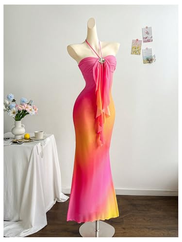 GORGLITTER Women's Metallic Floral Ombre Cocktail Maxi Dresses Halter Sunset Fishtail Bodycon Long Dress2